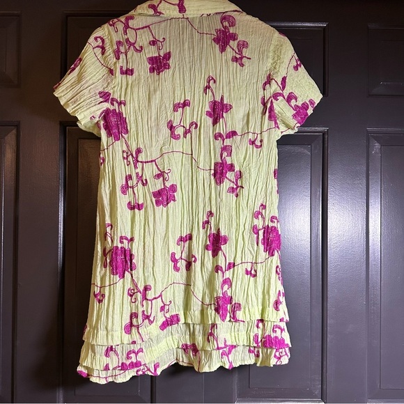Soft Surroundings Shirt Mint Gauze w/Magenta Embroidery Pleated M (f6 - Picture 3 of 10